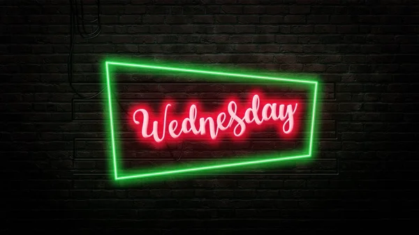 Wednesday Sign Emblem Neon Style Brick Wall Background — Stock Photo, Image