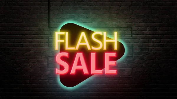 Flash sale sign emblem in neon style on brick wall background