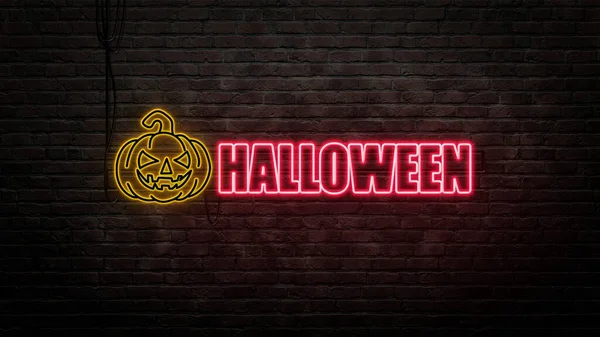 Halloween Sign Emblem Neon Style Brick Wall Background — Stock Photo, Image