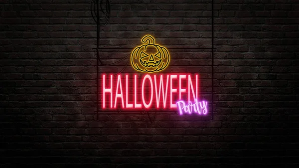 Emblema Segno Halloween Stile Neon Sfondo Muro Mattoni — Foto Stock