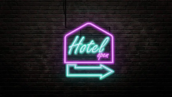 Hotel Jel Embléma Neon Stílusban Téglafal Háttér — Stock Fotó