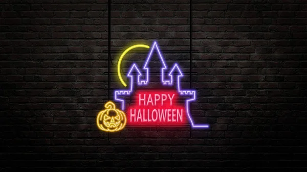Halloween Sinal Emblema Estilo Neon Fundo Parede Tijolo — Fotografia de Stock
