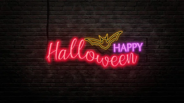 Halloween Sign Emblem Neon Style Brick Wall Background — Stock Photo, Image