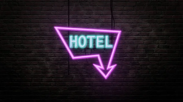 Hotel Sign Emblem Neon Style Brick Wall Background — Stock Photo, Image