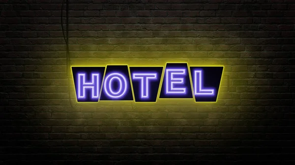 Hotel Sign Emblem Neon Style Brick Wall Background — Stock Photo, Image