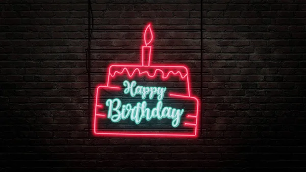 Happy birthday neon sign emblem in neon style on brick wall background