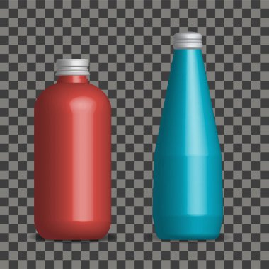 Vektör gerçekçi sahte şişe maden suyu, meyve suyu.