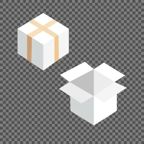 Modelos vetoriais de caixa quadrada branca definidos isolados em fundo transparente. Recipiente de papel para ilustração de produto e embalagem de papelão - Vetor — Vetor de Stock