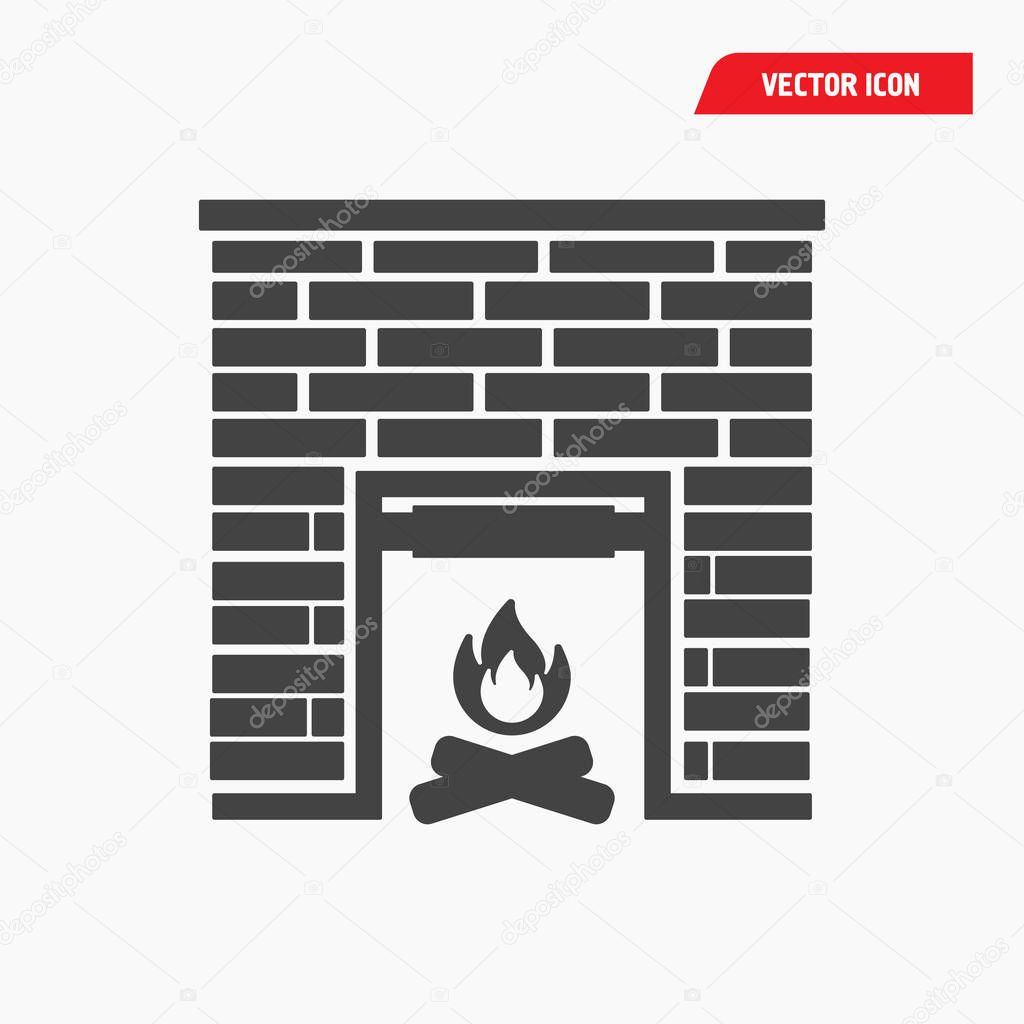 Brick fireplace icon, black with flame, vector eps10