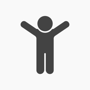 Siyah adam siluet düz simgesi, eller yukarı.