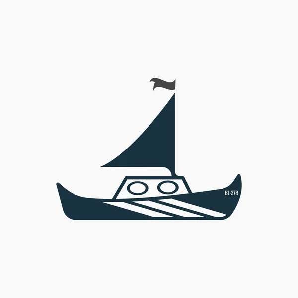 Černá bílá jachta, ikona plachetnice s jednou plachtou. — Stockový vektor