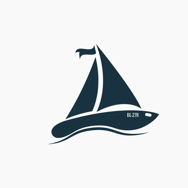 Barco à vela preto, ícone do navio em ondas, mar . — Vetor de Stock