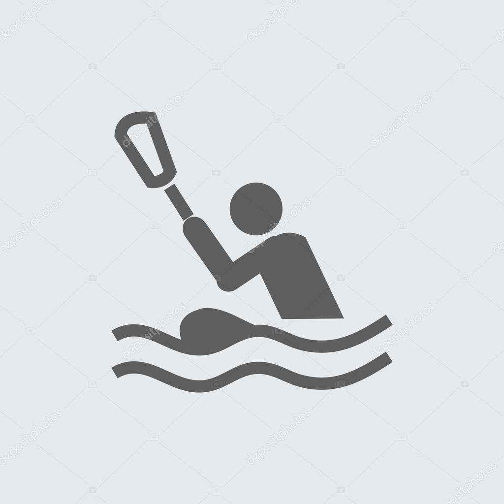 Black flat rowing man, canoeing vector icon. On grey background.