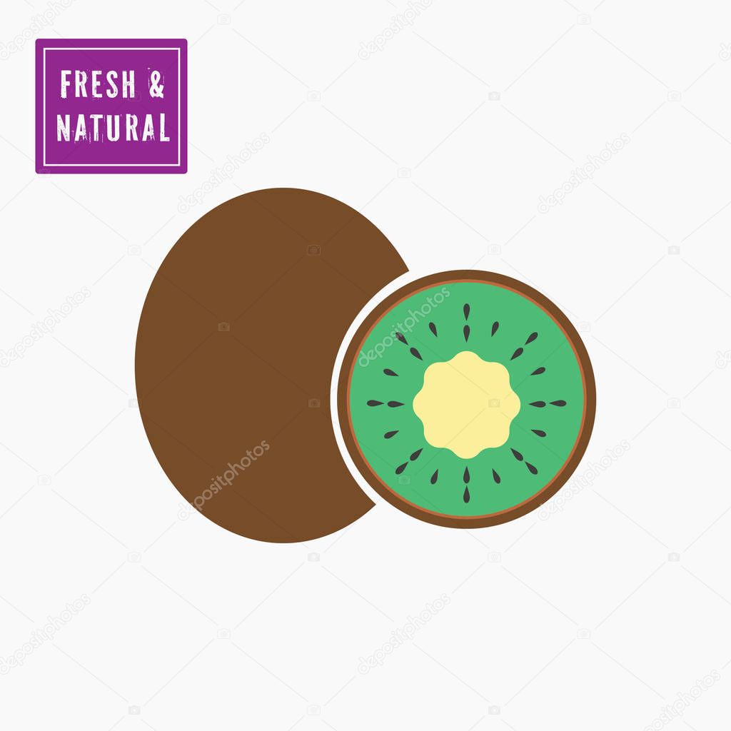 Natural color, whole and half cut kiwi icon. Fresh and natural label for sale , import, export.. Vector on white background.