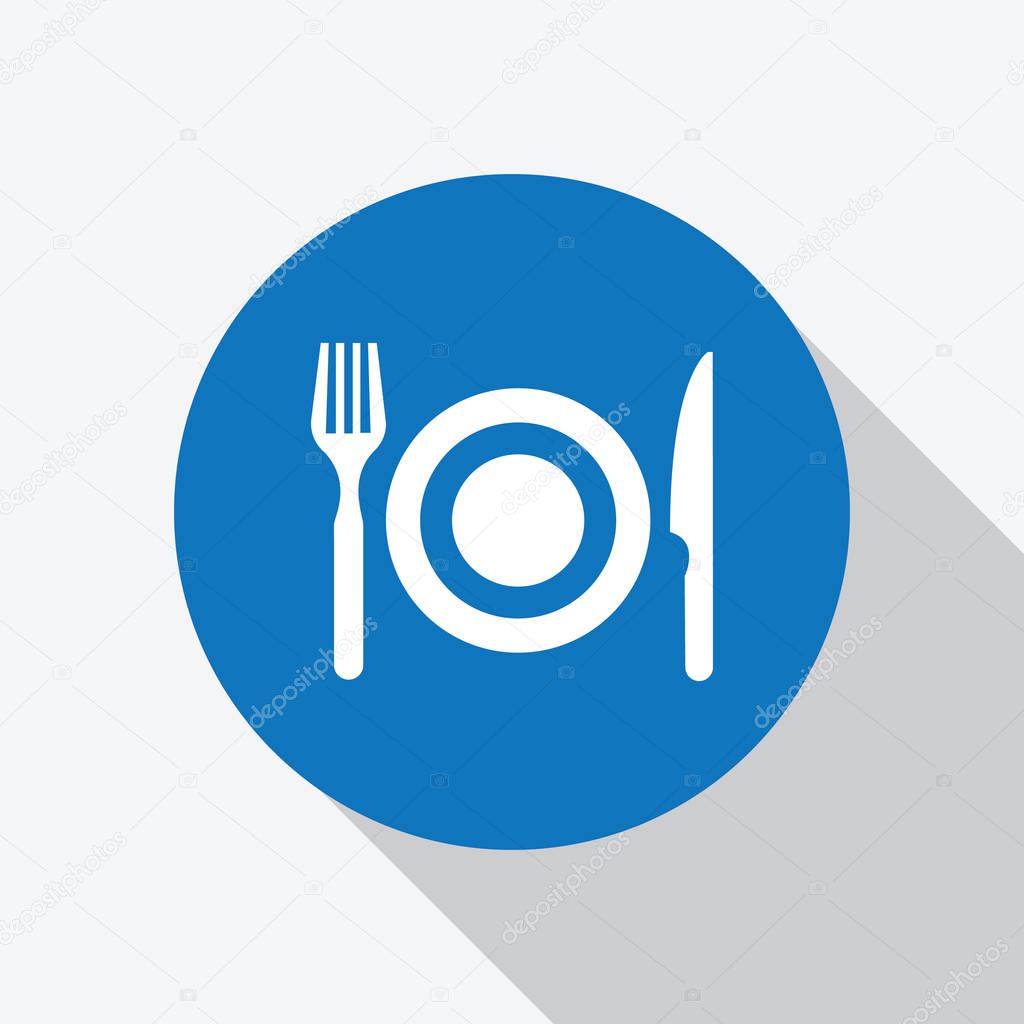 White dinner set icon in blue circle with shadow. 