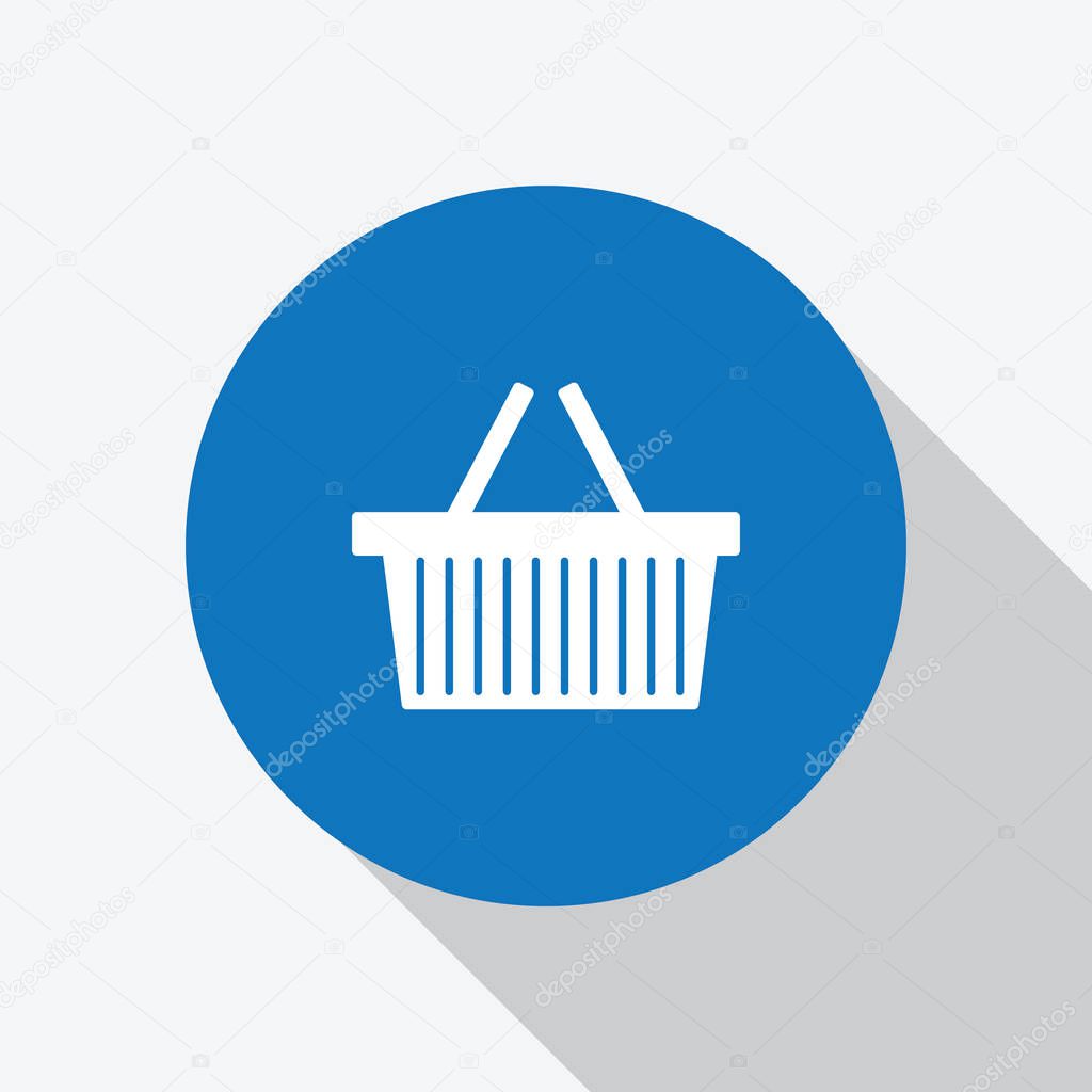 White Shopping Basket Icon in Blue Circle with Shadow. Vector Illustration Logo Template - Vector