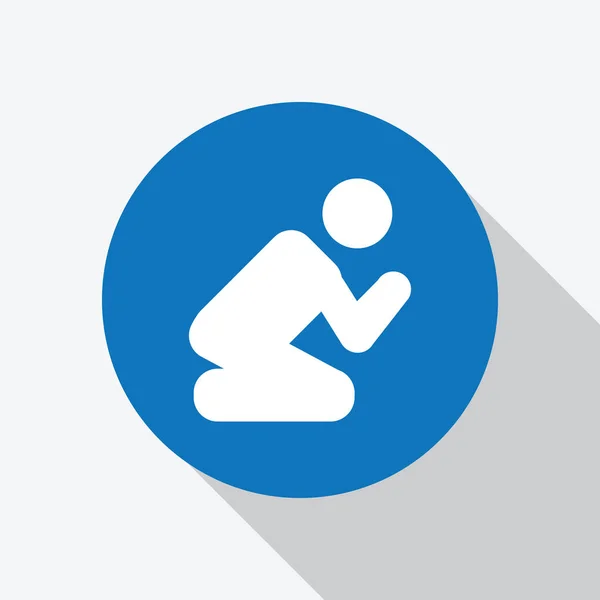 White prayer icon sitting on knees in blue circle. — Stock Vector