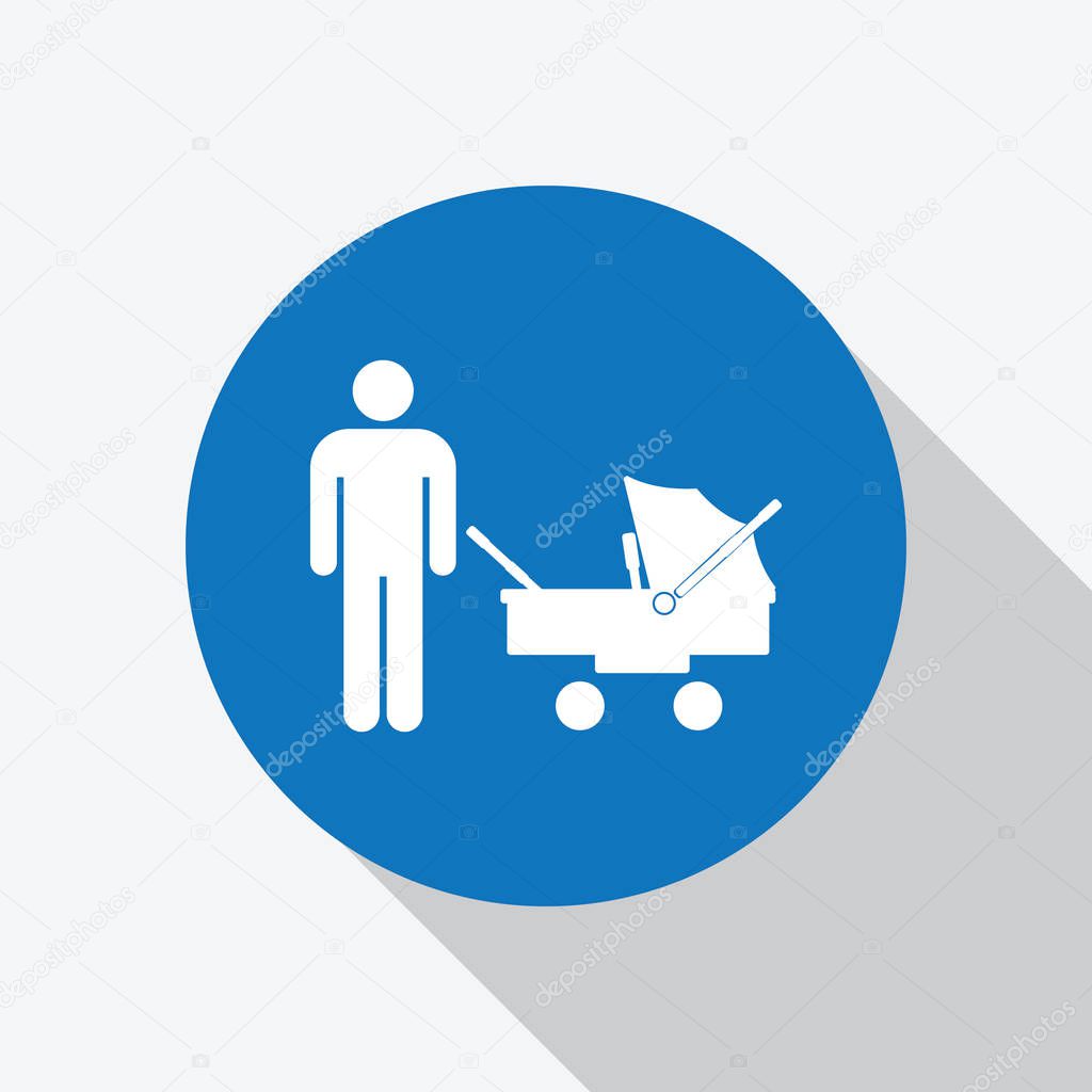 White man with baby stroller icon in blue circle with shadow. isolated on white background - Vector