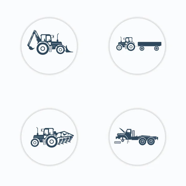 Trator, ícones de caminhão conjunto com elevador superior, leme — Vetor de Stock