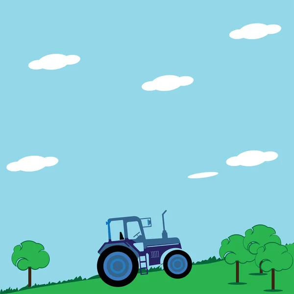 Trekker pictogram banner in groen veld, blauwe hemel. — Stockvector