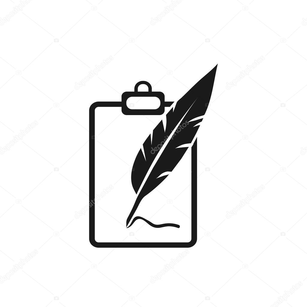 Black feather pen writing on blank page logo template.  quill pen vector design. Writer illustration - Vector