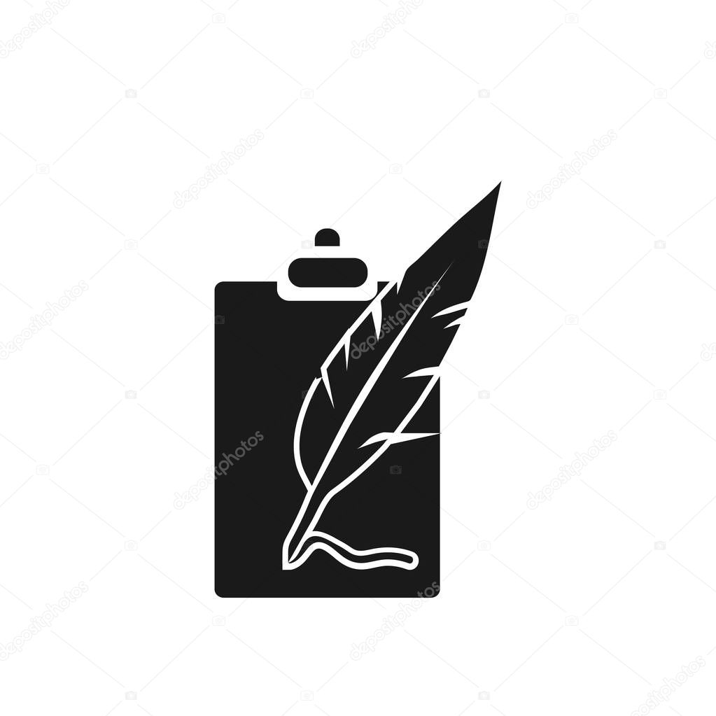 Black feather pen writing on blank page logo template.  quill pen vector design. Writer illustration - Vector