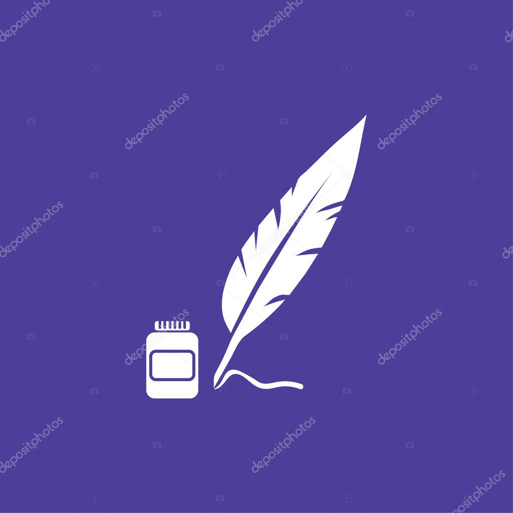 White Inkwell and feather pen on purple.logo template. Ink bottle and quill pen vector design. Writer illustration - Vector