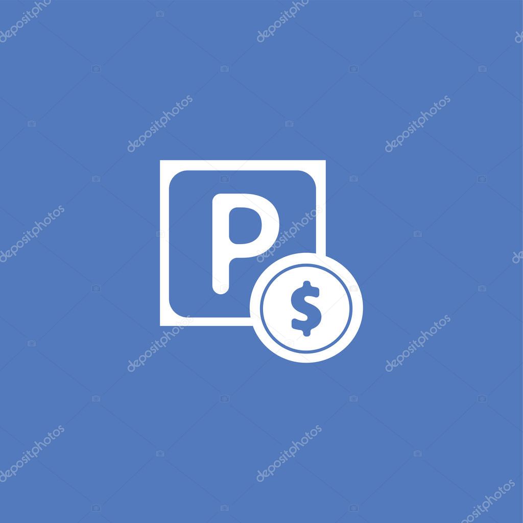 White chargeable parking, dollar fee symbol icon on blue. illustration isolated vector sign symbol