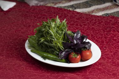 Yeşil salatalık, domates ve kırmızı bazilik ile sebze salatası. 