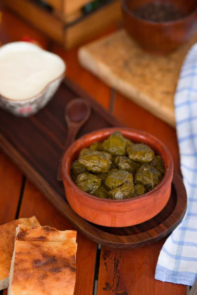 Yarpag dolmasi, yaprak sarmasi, hojas de uva verde rellenas de arroz y carne en tazón de cerámica . — Foto de Stock