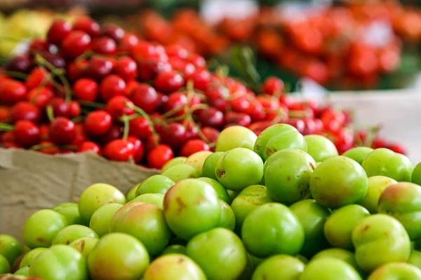Grüne Kirschpflaumen und rote Beeren — Stockfoto