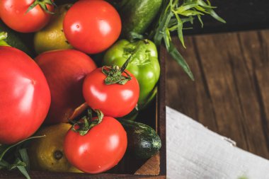 Domatesli sebze kabı, yeşil biber ve otlar.