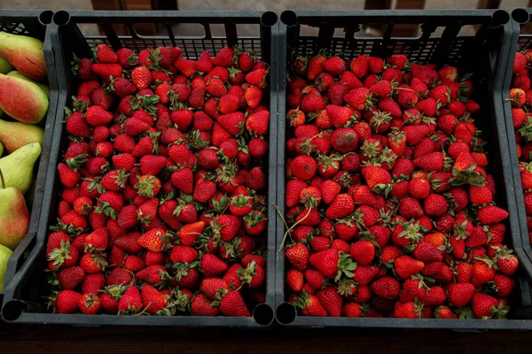 Erdbeeren in schwarzen Plastikbehältern — Stockfoto