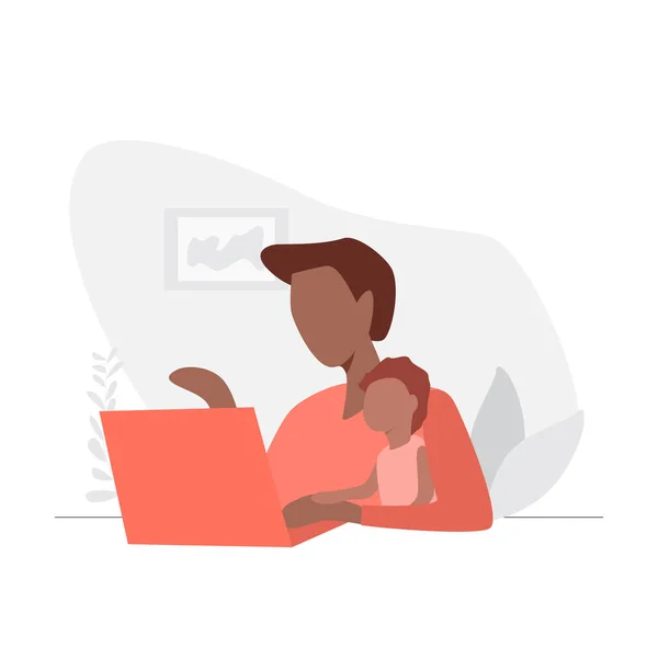 Donna che lavora sul computer portatile a casa con il suo bambino — Vettoriale Stock