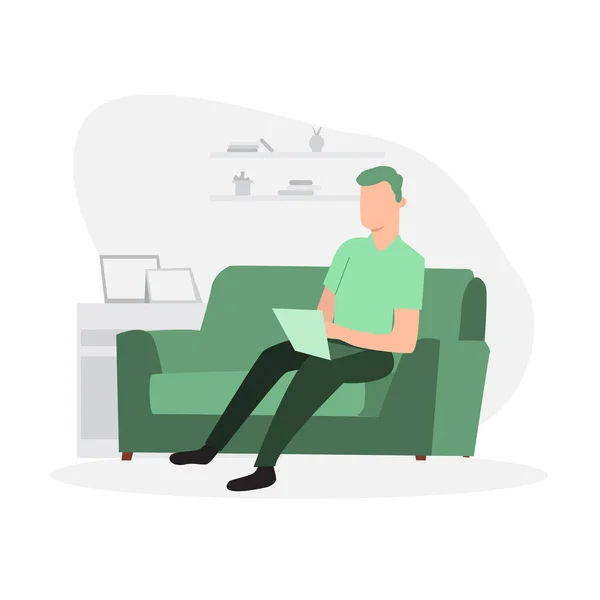 Man sitting on the sofa and working on laptop — Stock Vector