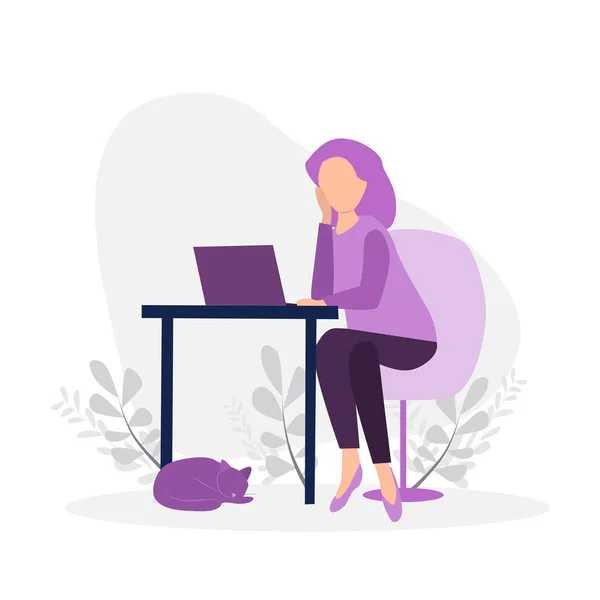 Girl working on laptop at home office — Stock Vector