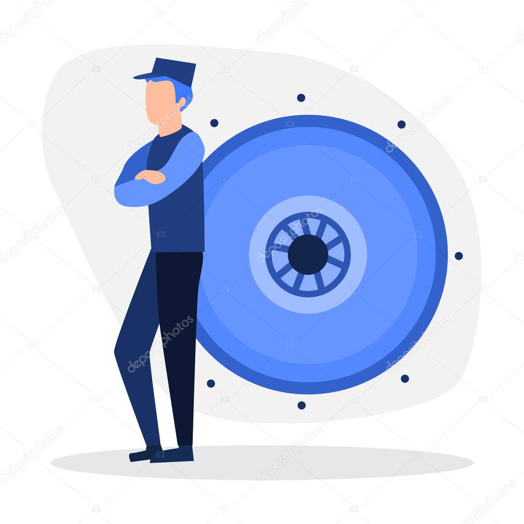 Mechanic at work. Wheel and tire of car. Technical work. Repair and service. Man in blue jumpsuit.
