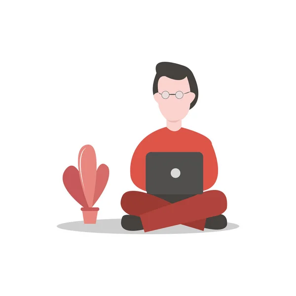 Szemüveges férfi ül a padlón, és laptopon dolgozik. — Stock Vector