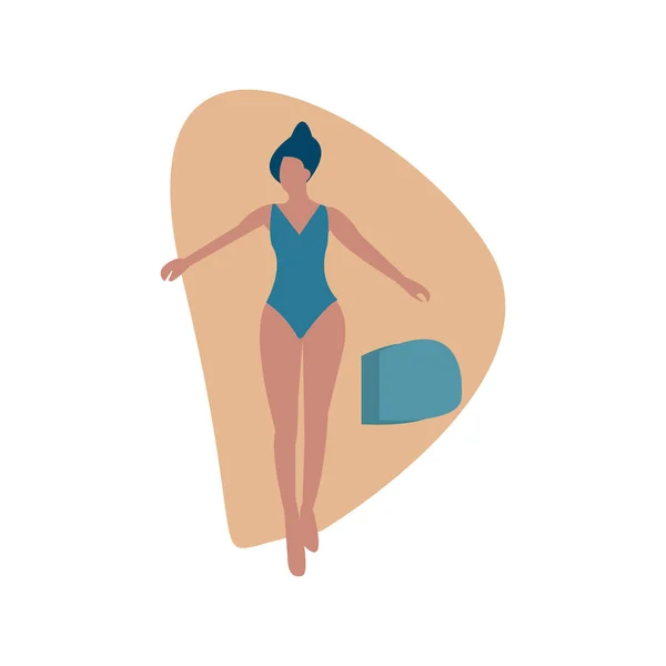 Ung kvinna ligger på stranden på sanden med sitt paket runt — Stock vektor