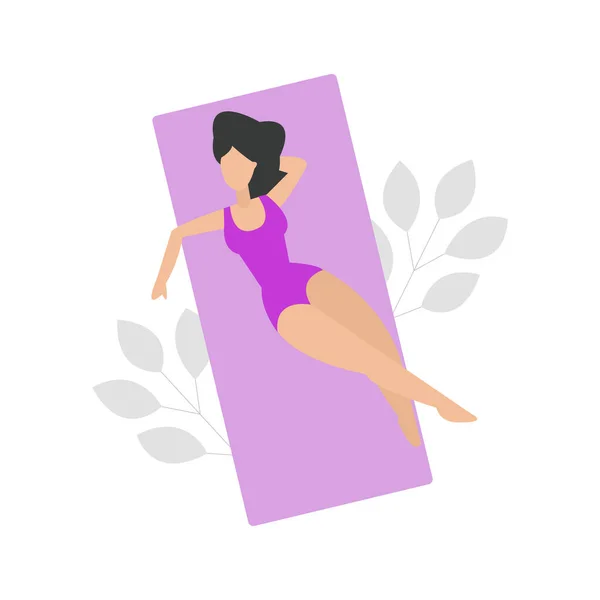 身穿紫色泳衣的妇女躺在毛巾上 — 图库矢量图片