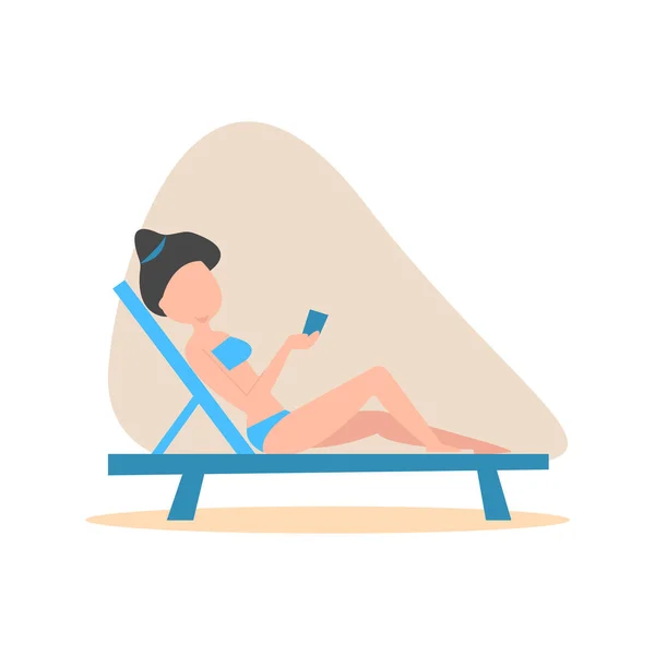 Mulher de fato de banho de sol deitada na espreguiçadeira no mar ou na praia do oceano — Vetor de Stock