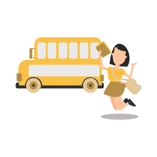Lycklig liten flicka går till skolan med en skolbuss — Stock vektor