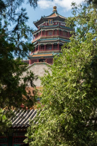 Történelmi kínai vagy ázsiai templomok zöld erdőkben — Stock Fotó