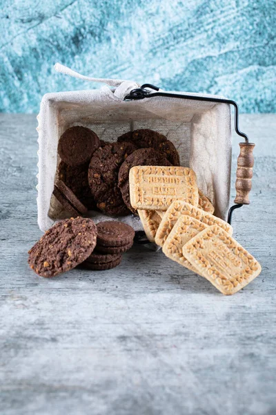 Unsalted butter and cocoa cookies in a basket