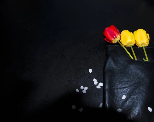 美丽的郁金香和黑色的袋子 有趣的背景 — 图库照片