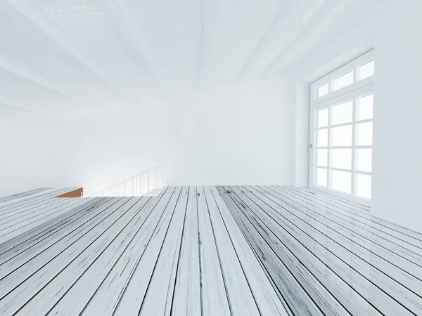 empty room with the stairs and  a bi window, 3d rendering