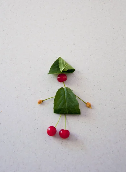 Une Composition Drôle Avec Des Feuilles Des Cerises Une Fille — Photo