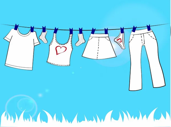 Babybekleidung Auf Einem Seil Mit Wäscheklammern Vektorgrafik — Stockvektor