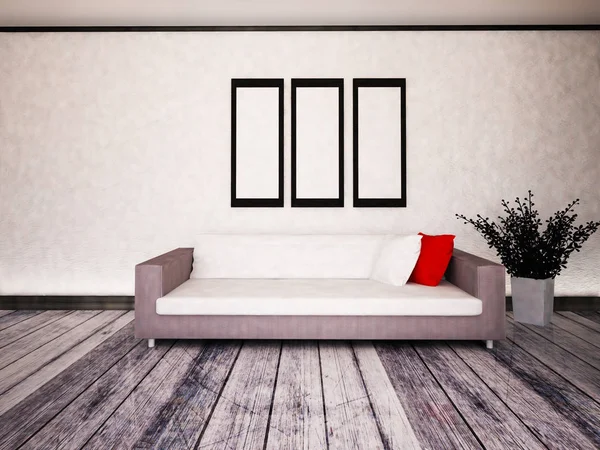 Sofá branco no quarto, 3d — Fotografia de Stock