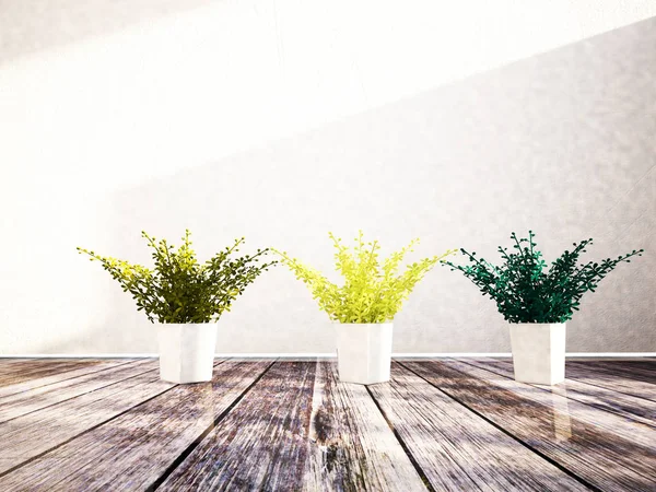 Tre vaser med växterna i rummet, 3D — Stockfoto